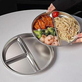 RUIBOLU Portion Control Plates Stainless Steel For Adults Weight Loss/Diabetic Diet/Divided Plate Unbreakable Round Metal Dish Plates/Kitchen Camping Picnic/ 9 Inch (2)