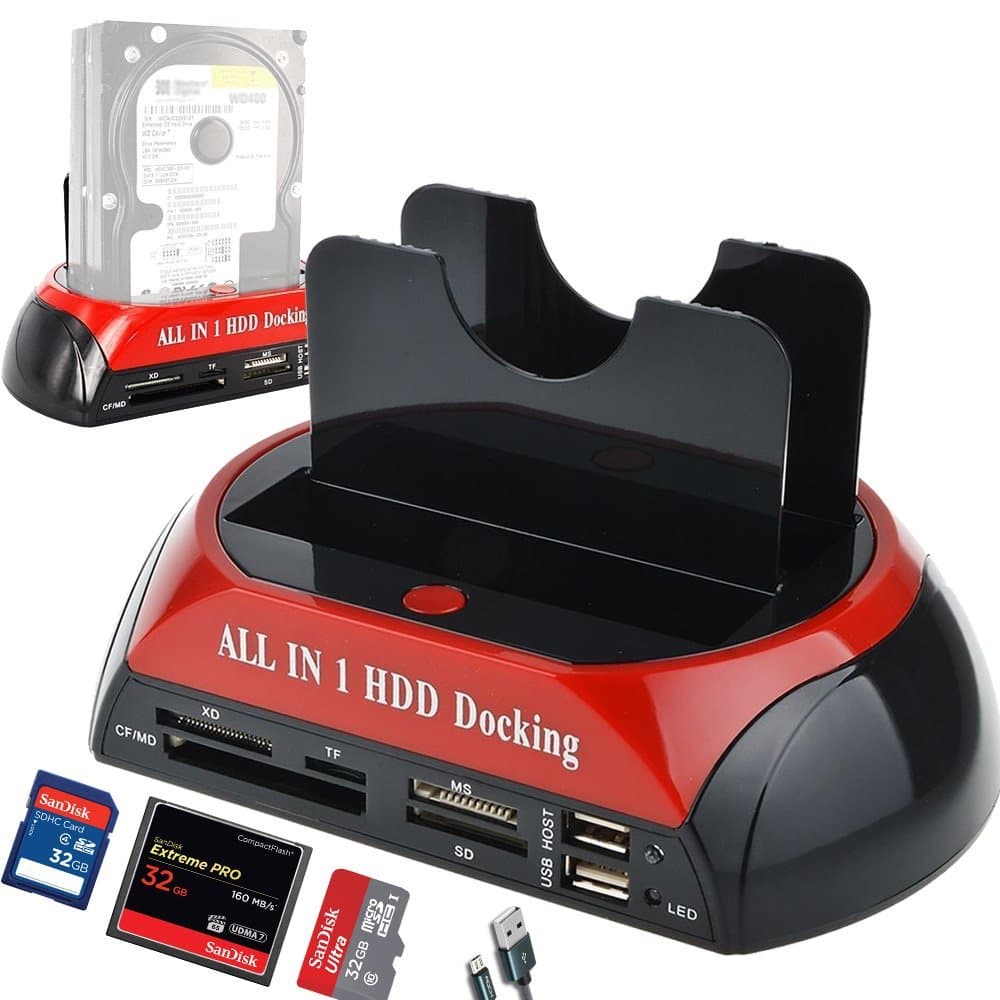 Xingda Hard Drive Docking Station，Dual Slots USB 2.0 to IDE SATA Hard Drive 2.5" 3.5" with SATA I II III HDD Docking Station with Card Reader(No Support The WD IED Hard Drive)