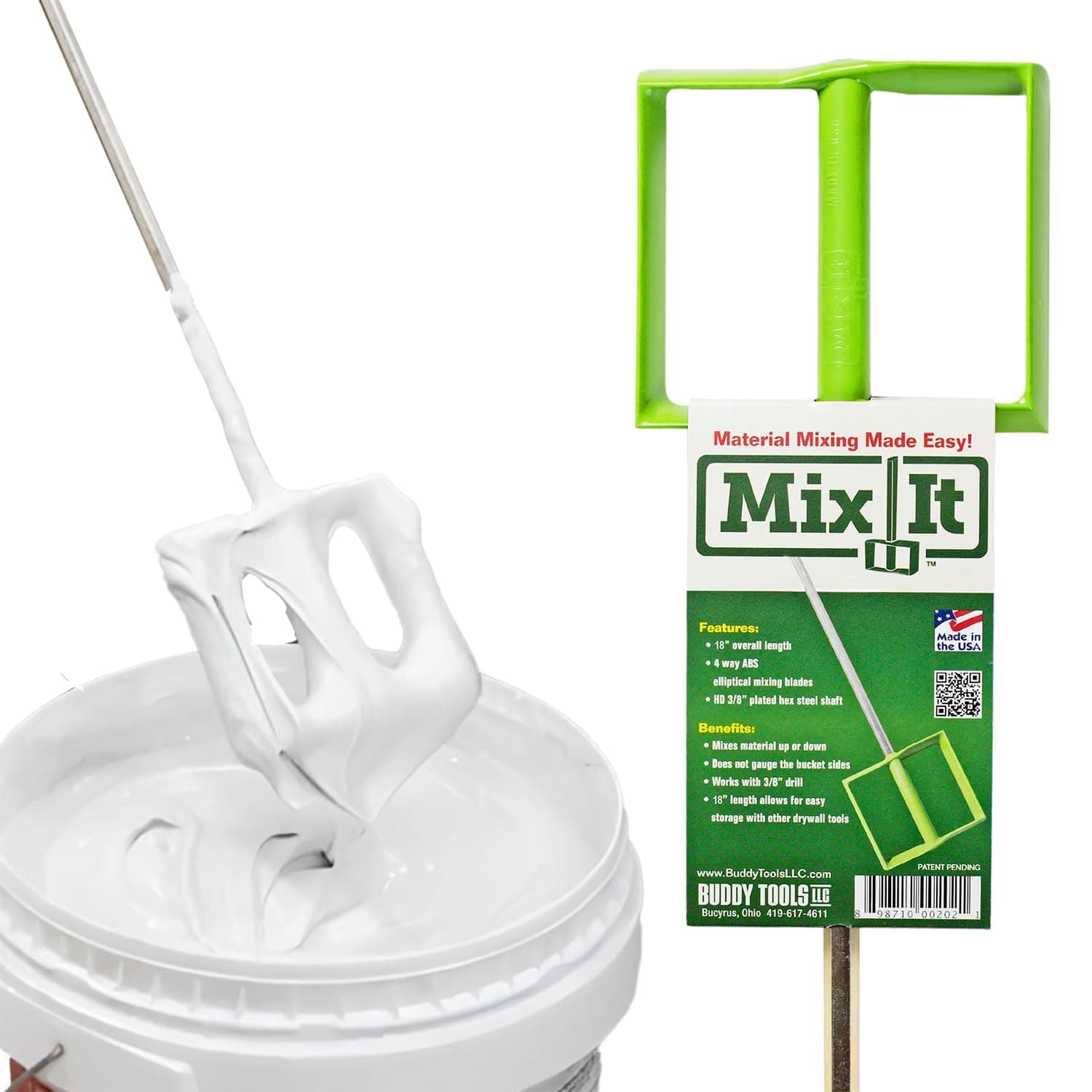 Buddy Tools Mix It, 18" Length – Mud Mixer with Durable ABS Paddle – Efficient Paint Mixer for Drill – Easy-to-Use & Rust-Resistant Mixing Paddle for Mud, Paint, and More