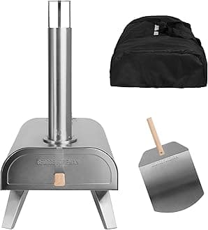 George Foreman Outdoor 12 Inch Wood Pellet Portable Wood Fired Pizza Oven Stainless Steel with Paddle and Carry Bag, BBQ Oven & Smoker, Foldable Legs GFWPPO1SSPC