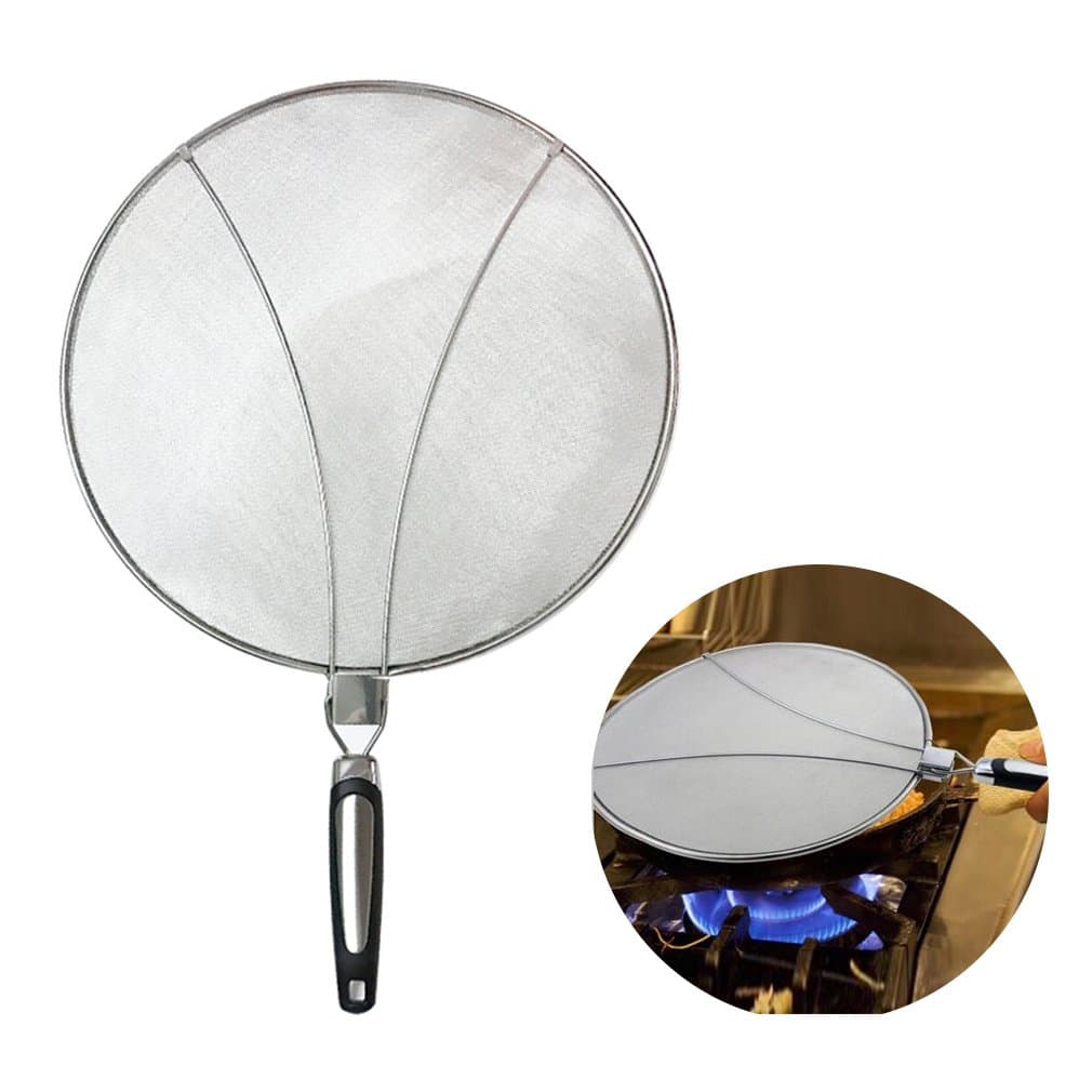 FXS Splatter Screen for Frying Pan-Protects Skin from Burns-Keep Kithen Clean-Splatter Guard for Cooking-Fine Mesh Premium Stainless Steel with Folding Handle(13")