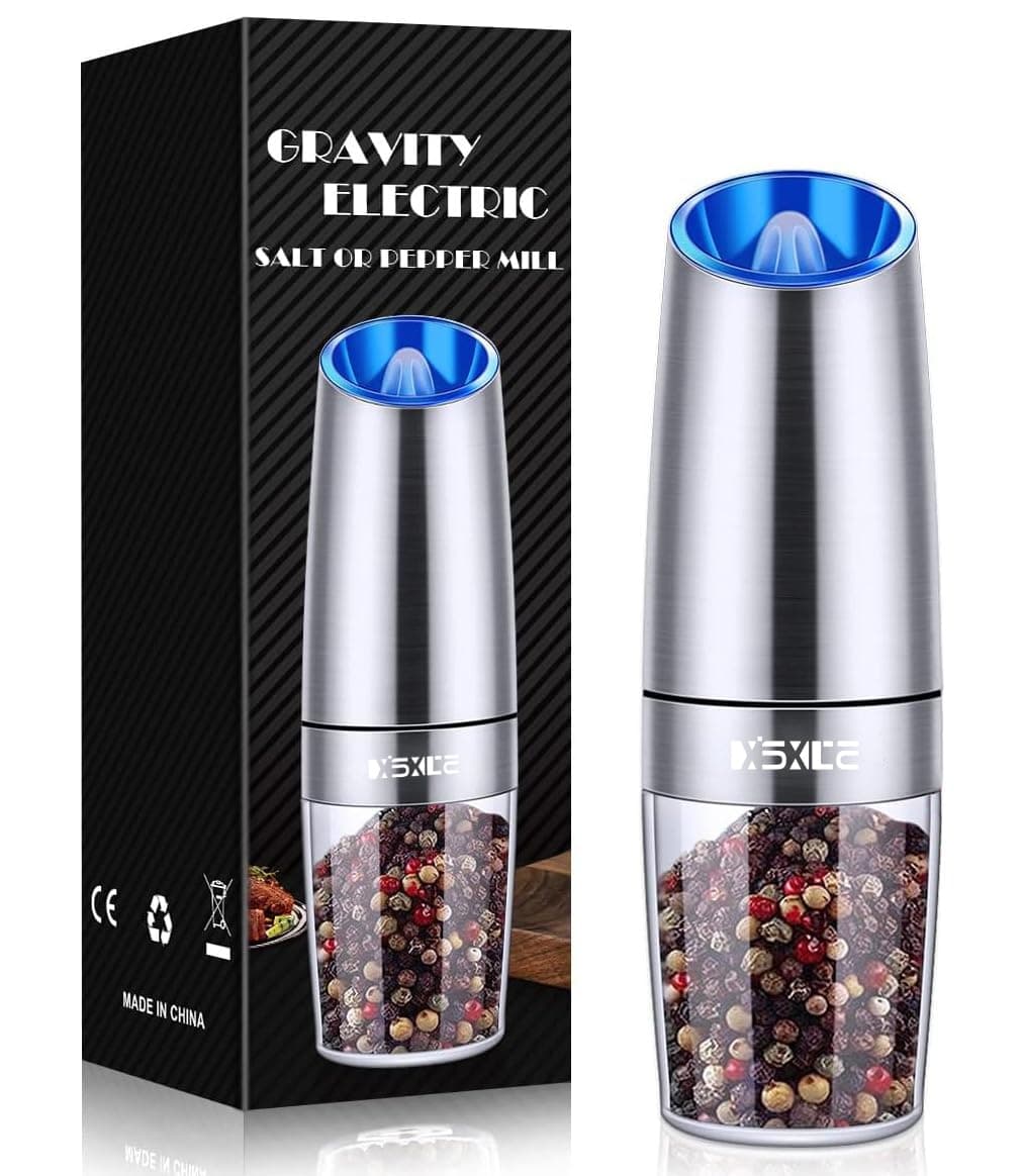 Gravity Electric Pepper/Salt Grinder, Salt and Pepper Mill & Adjustable Coarseness, Battery Powered with LED Light, One Hand Automatic Operation, Stainless Steel (Single/Silver)