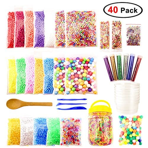 40 Packs Slime Making Kit Including Foam Balls, Fishbowl Beads, Slime Storage Containers, Fruit Slices, Glitter Shake Jars, Loom Bands, Pom Pom Balls, Slime Tools and Bamboo Spoon, DIY Art Craft