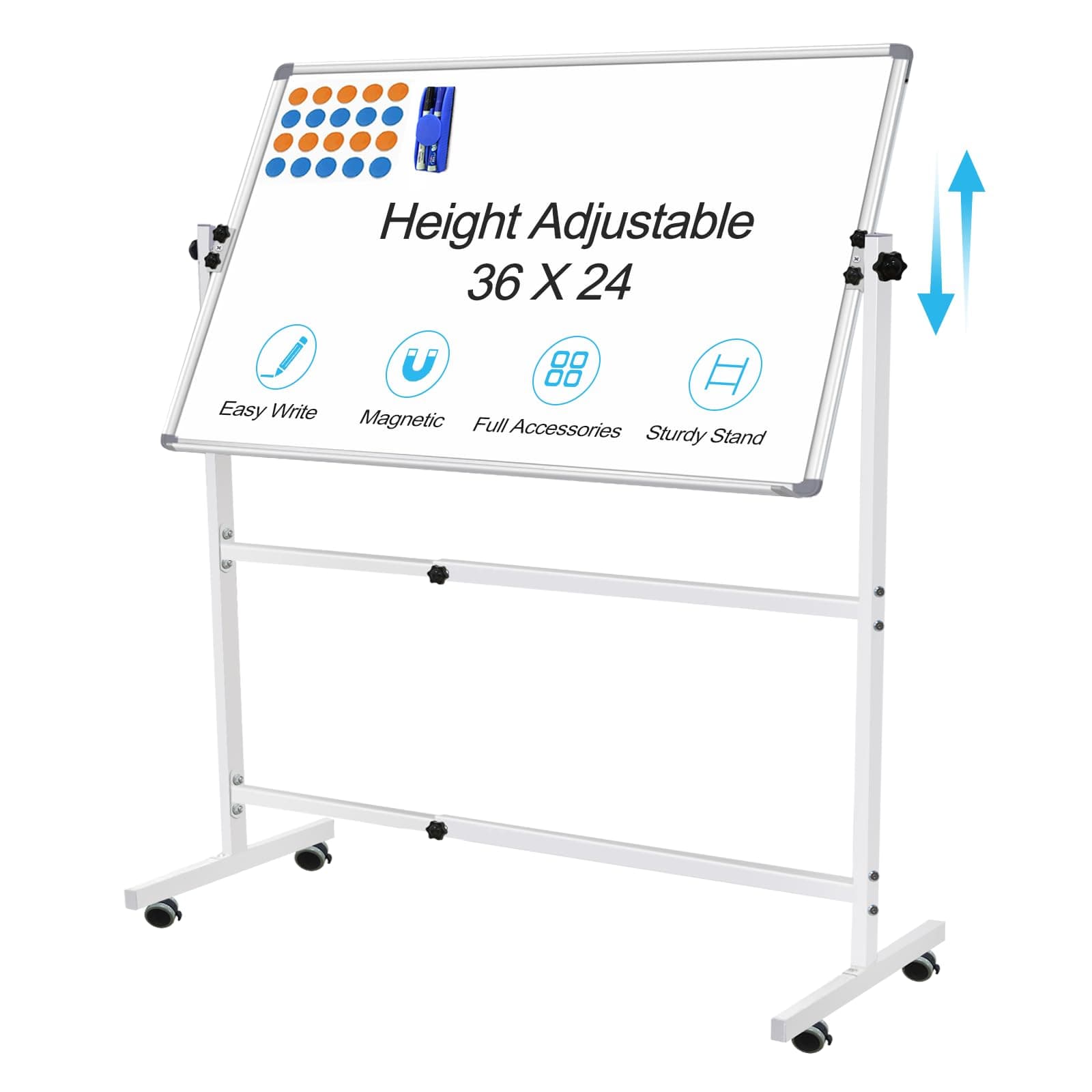 Dry Erase Board with Stand 36"x24", Height Adjustable Mobile White Board with Stand Rolling Magnetic Whiteboard on Wheels Standing Whiteboard Including 1 Eraser, 2 Markers and 20 Magnets