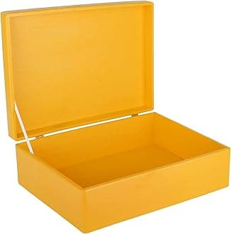 XL Yellow Wooden Box Storage with Hinged Lid | 15.8x11.8x5.5in (+-0.5) | Keepsake Gift Box for Tool Dog Toy Kitchen Storage | Wood Chest Trunk