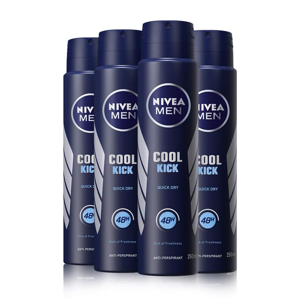 NIVEA MEN Cool Kick Anti-Perspirant Deodorant Spray Pack of 4 (4 x 250ml), Men's Anti-Perspirant Deodorant, Fresh 48H Protection Deodorant Men's Aerosol Spray + Cool-Care