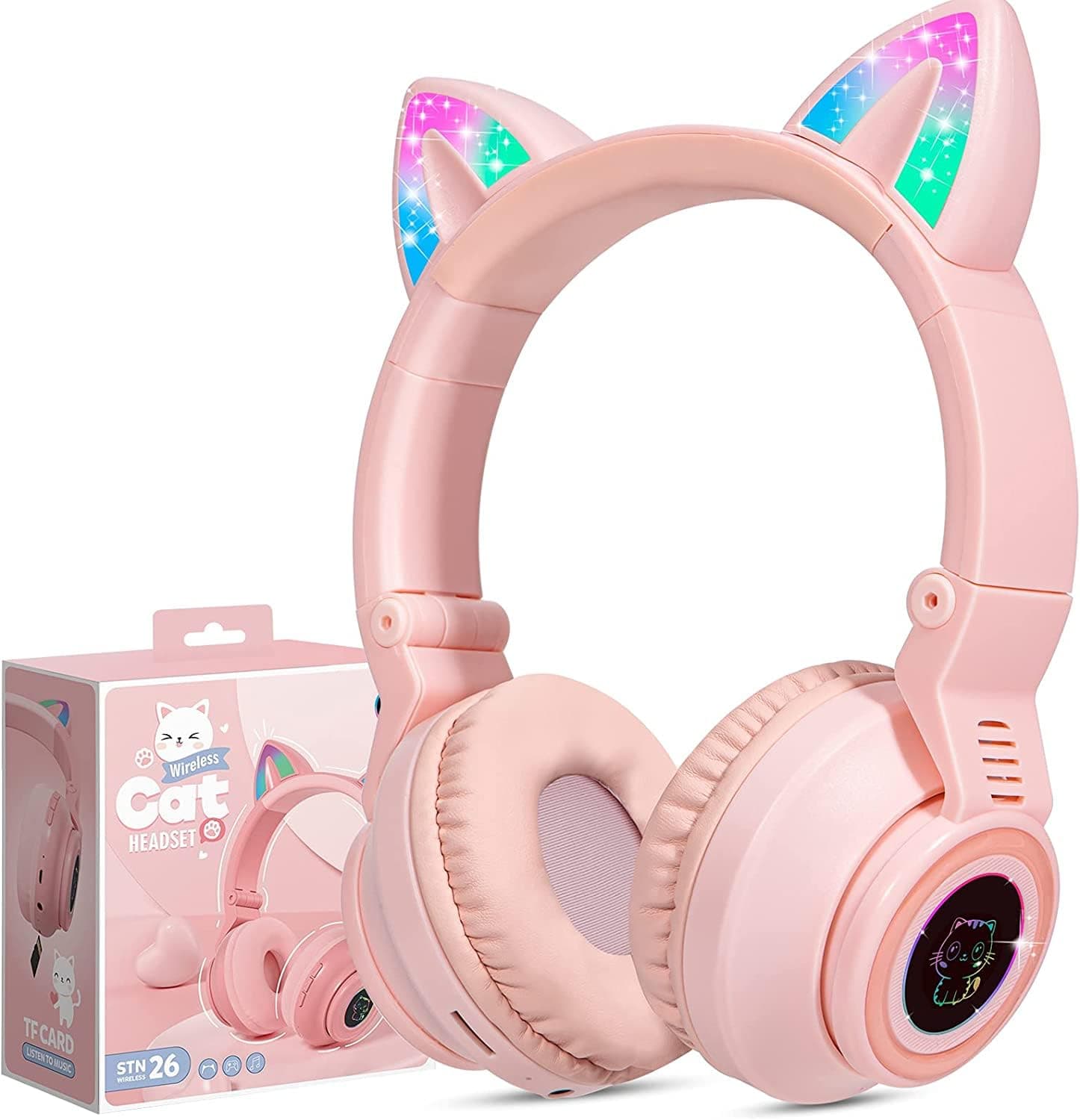 Sponsored Ad – Kids Headphones Wireless Light Up Cat Ear Bluetooth Headphones Over Ear Childrens Foldable Headphones w/Microphone for Amazon Fire Tablet/Laptop/iPad (Pink)