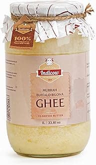 Indicow Foods Murrah Buffalo Ghee 1L Glass packaging | Grass fed Buffalo | Bilona Ghee | 100% Pure and Chemical Free(Buffalo Ghee, White) 1L packaging