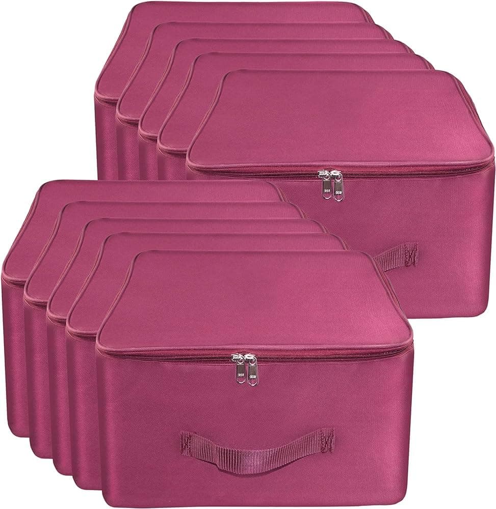 Storite 10 Pack Nylon Wardrobe Bag Underbed Moisture Proof Cloth Storage Organizer, Storage box for Clothes Saree Bags with Zippered Closure & Handle (Magenta, 37x34x23 cm) Square