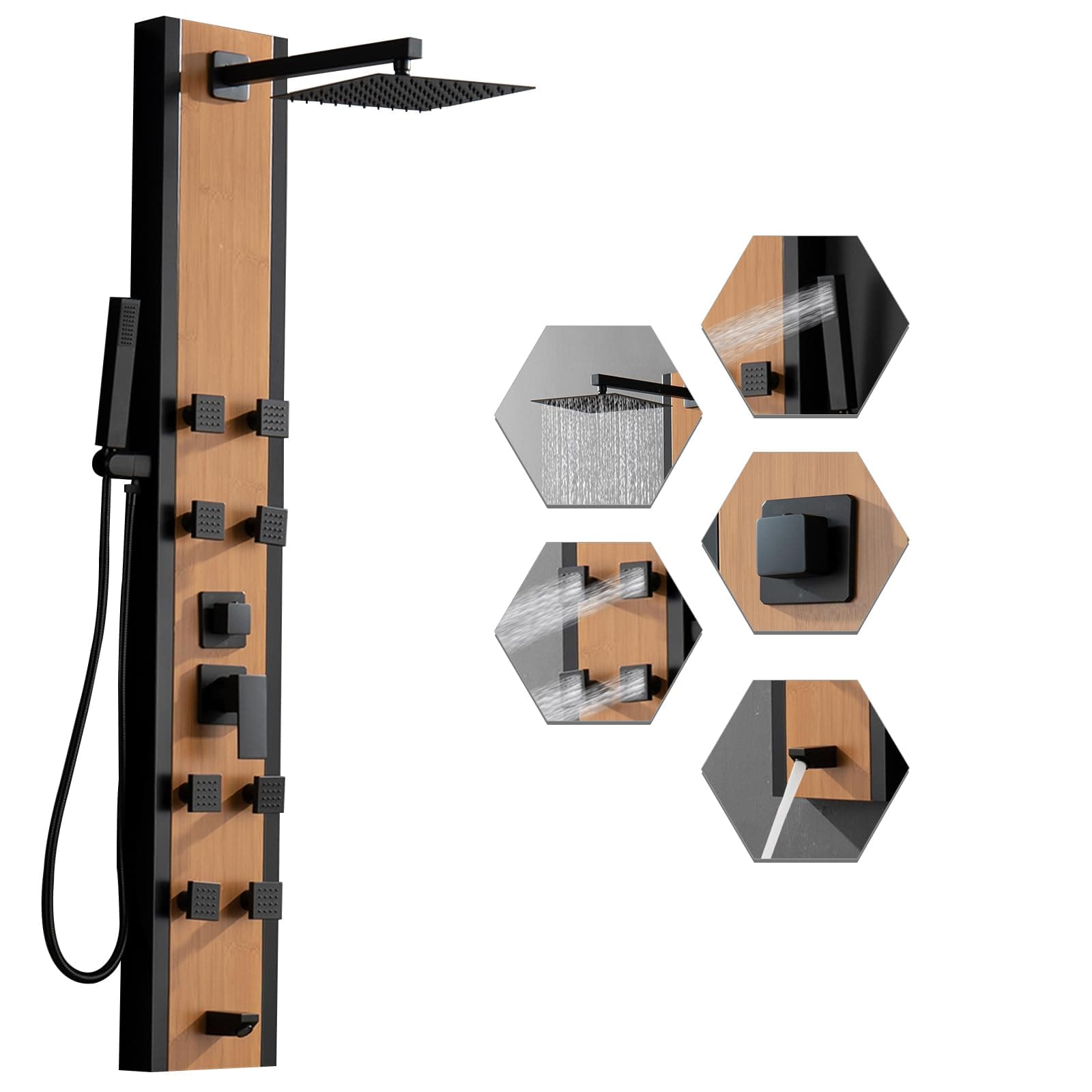 BWE Stainless Steel Shower Panel Tower System 8 Jets Multi-Function Shower Panel System Black and Bamboo Panel with Handheld Wand Wall Mount Shower Column