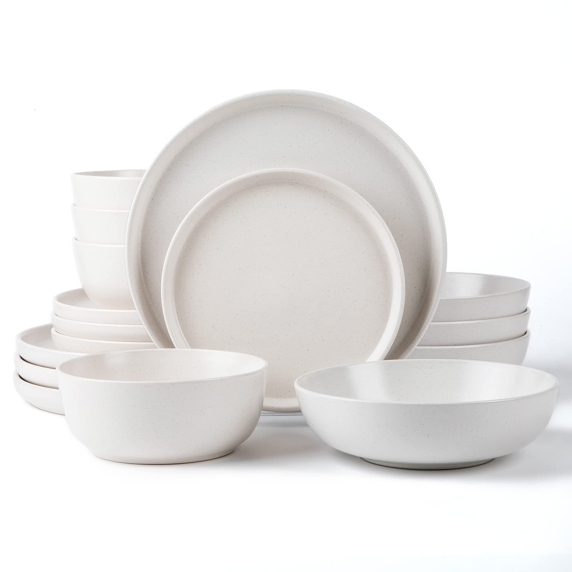 SKUGGA Round Stoneware 16pc Double Bowl Dinnerware Set for 4, Dinner and Side Plates, Cereal and Pasta Bowls - Matte White(466077)