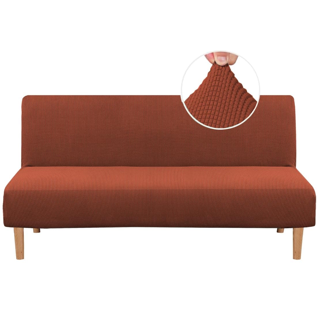 Armless Futon Cover Stretch Sofa Bed Slipcover Protector Elastic Feature Rich Textured High Spandex Small Checks Jacquard Fabric Futon Cover, Machine Washable, Rust