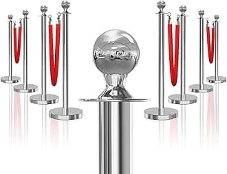 8PCS Silver Stanchions Posts with 4PCS 5 ft Red Velvet Rope, Crowd Control Barriers, Stanchions and Velvet Ropes Red Carpet Poles for Party Supplies