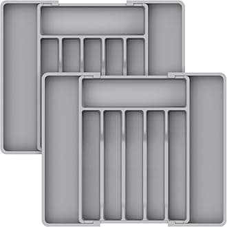 Lifewit Silverware Drawer Organizer, Expandable Utensil Tray for Kitchen, Adjustable Flatware and Cutlery Holder, Compact Plastic Storage for Spoons Forks Knives, 2 Pack, Grey