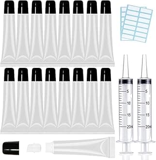 AMORIX 50PCS Lip Gloss Tubes 20ml Black Cap Lip Gloss Containers Empty Lip Balm Tubes Cosmetic Lipgloss Tubes + 2 x 20ml Syringes Tag Labels for DIY Lip Gloss Base Glitter