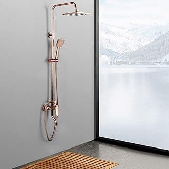 Rose Gold Bathroom Rainfall Shower Faucet Set, Overhead Shower, Hand Shower with 1.5M Hose and Bracket Wall Mount Hand Spray Mixer Tap Faucet Head Set