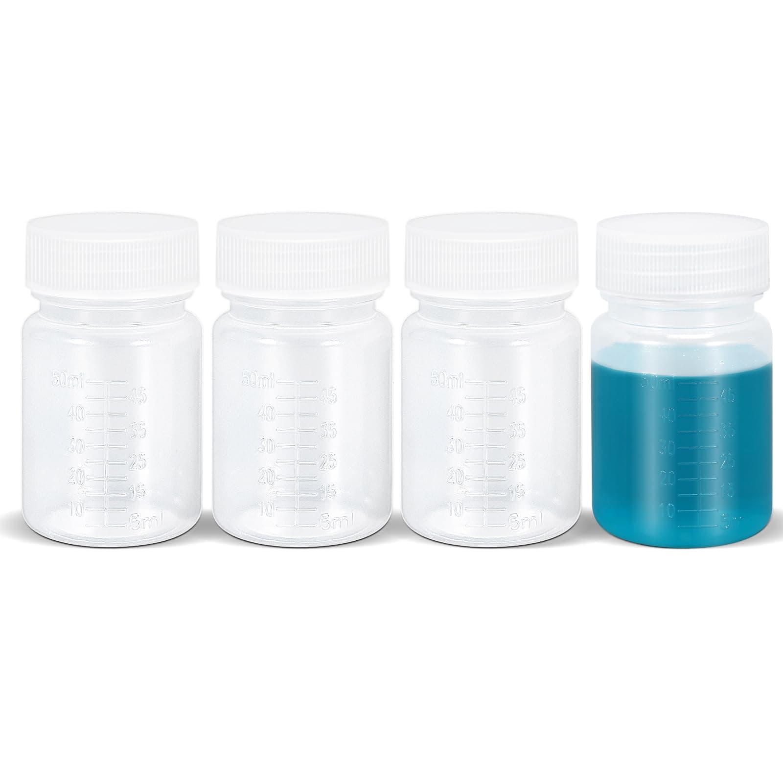 1.7oz/50ml Squeeze Bottles Wide Mouth Plastic Bottles with Lids, Graduated Food Grade PP Sample Containers for Water Sample Lab Reagent Pill Liquid Medicine Storage (Clear, 4 Pcs)