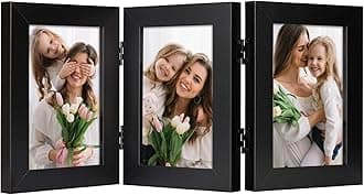 4x6 Trifold Picture Frame Hinged Photo Frames Three Folding Frame Desktop Glass Frame Vertical (Black, 4x6 Triple)