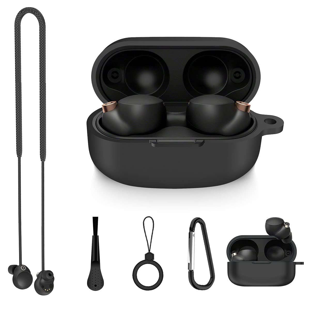 for Sony WF-1000XM4 Case Cover,Woocon 5 in 1 Soft Silicone Protective Accessories Kit Skin Sleeve for Sony WF1000XM4 True Wireless Earbuds Charging Case with Keychain/Anti-Lost Strap/Ring/Brush(Black)