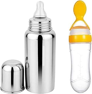 Baby Premium Steel Bottle For Milk Feeding & Yellow Silicone Squeezy Spoon Bottle For Food Feeder BPA Free, 304 Grade Steel Soft Silicone pacifier for Infants Newborns of 0-2 Years (Pack of-2)