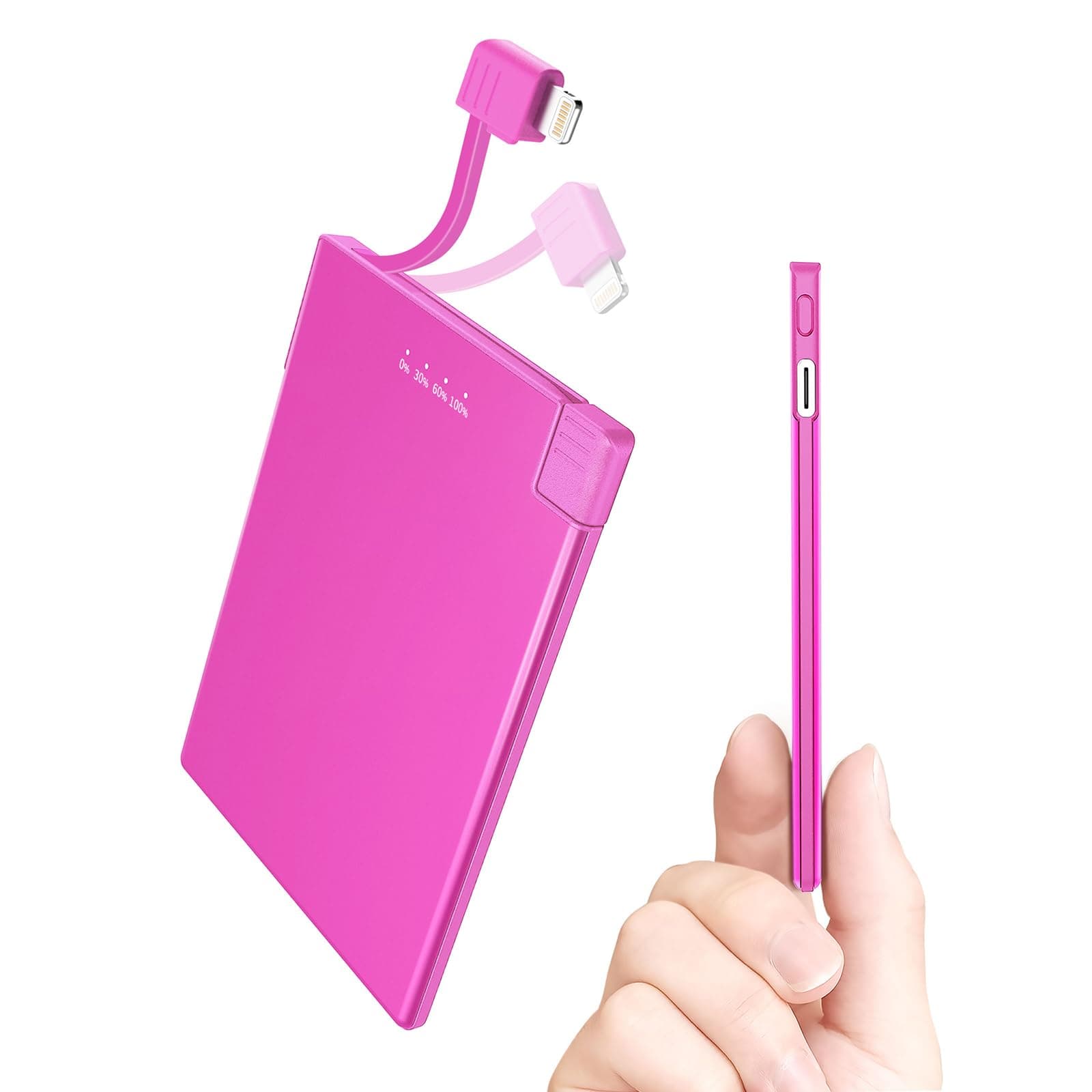 Thin Portable Charger with Built in Lightning Cable-Ultra Slim Credit Card Size for Pocket Wallet Power Bank Compatible with iPhone 14/13/12/11/X/8 (Not for iPhone 15 16 Series)