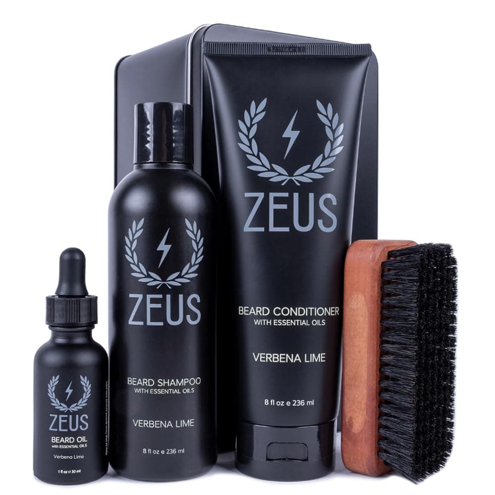 Zeus Deluxe Beard Grooming Kit for Men - Beard Care Gift Set to Soften Hairs and Prevent Itchiness and Dandruff (Verbena Lime)