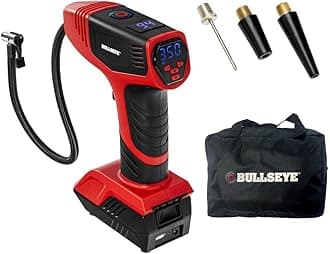- BULLSEYE PRO Tire Inflator with Pressure Gauge, Compact and Portable, Automatic Shut Off, 150 PSI Max, USB Home Rechargeable and Cord for Vehicular Use As Seen On TV (9475)