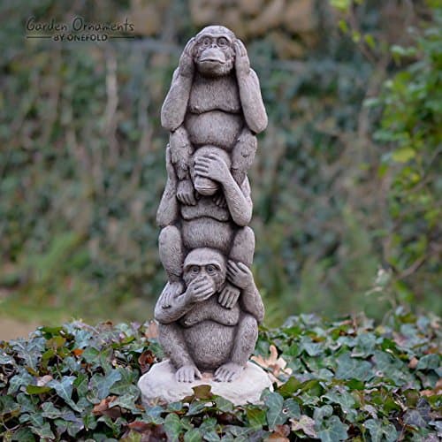 Garden Ornaments by Onefold AN40 Wise Monkey Totem Pole Stone Garden Ornament, Grey, 17x17x48 cm