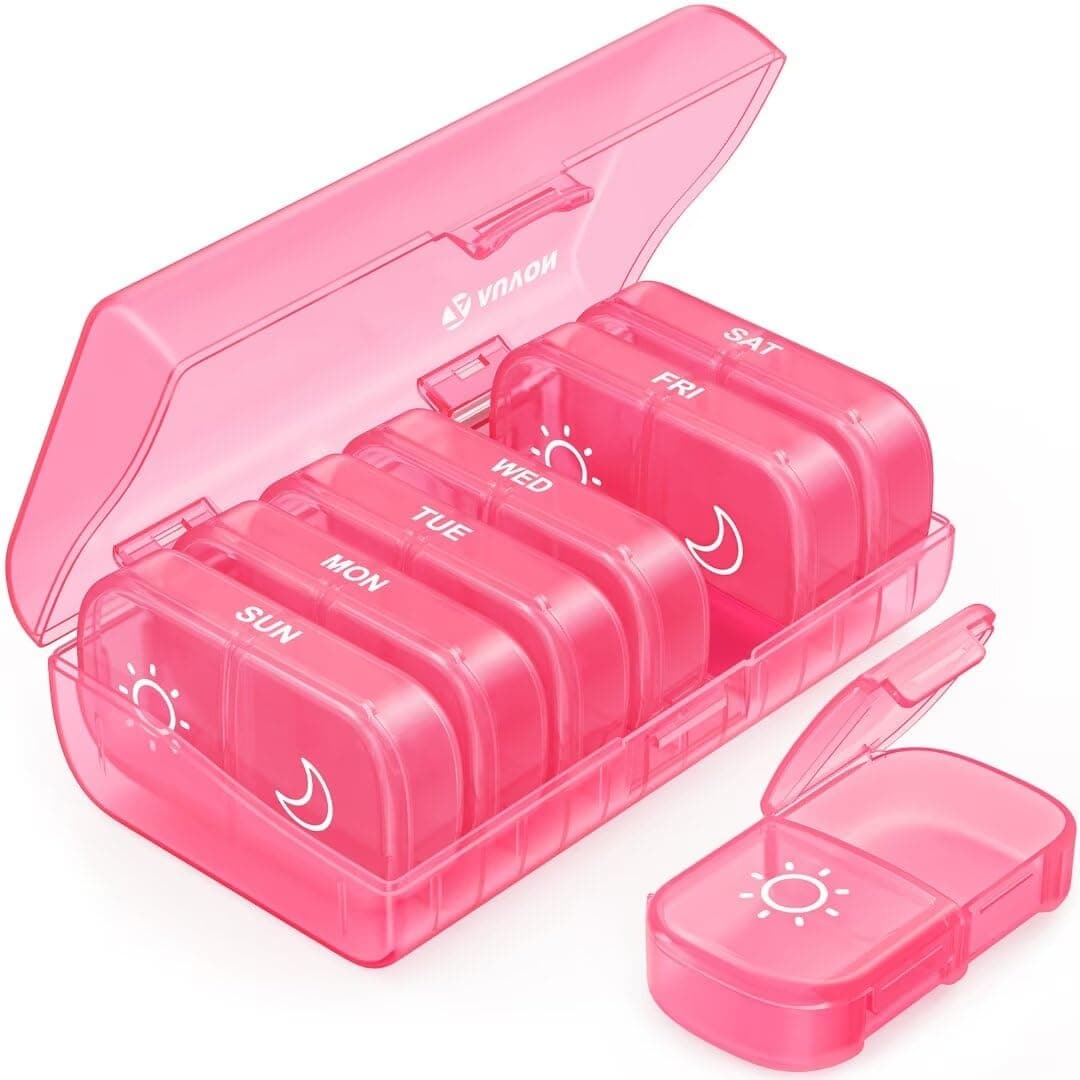 Pill Box Organiser, XL Weekly Pill Box 7 Day 2 Times a Day with One-Side Large Opening Design for Easy Filling, Tablet Organiser with Pink Privacy Protection for Medication/Vitamins/Fish Oils