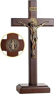KUXBET Wooden Crucifix Cross with Detachable Stand 10 Inch Standing Catholic Wooden Jesus Christ Wall Hanging Cross for Home Decor