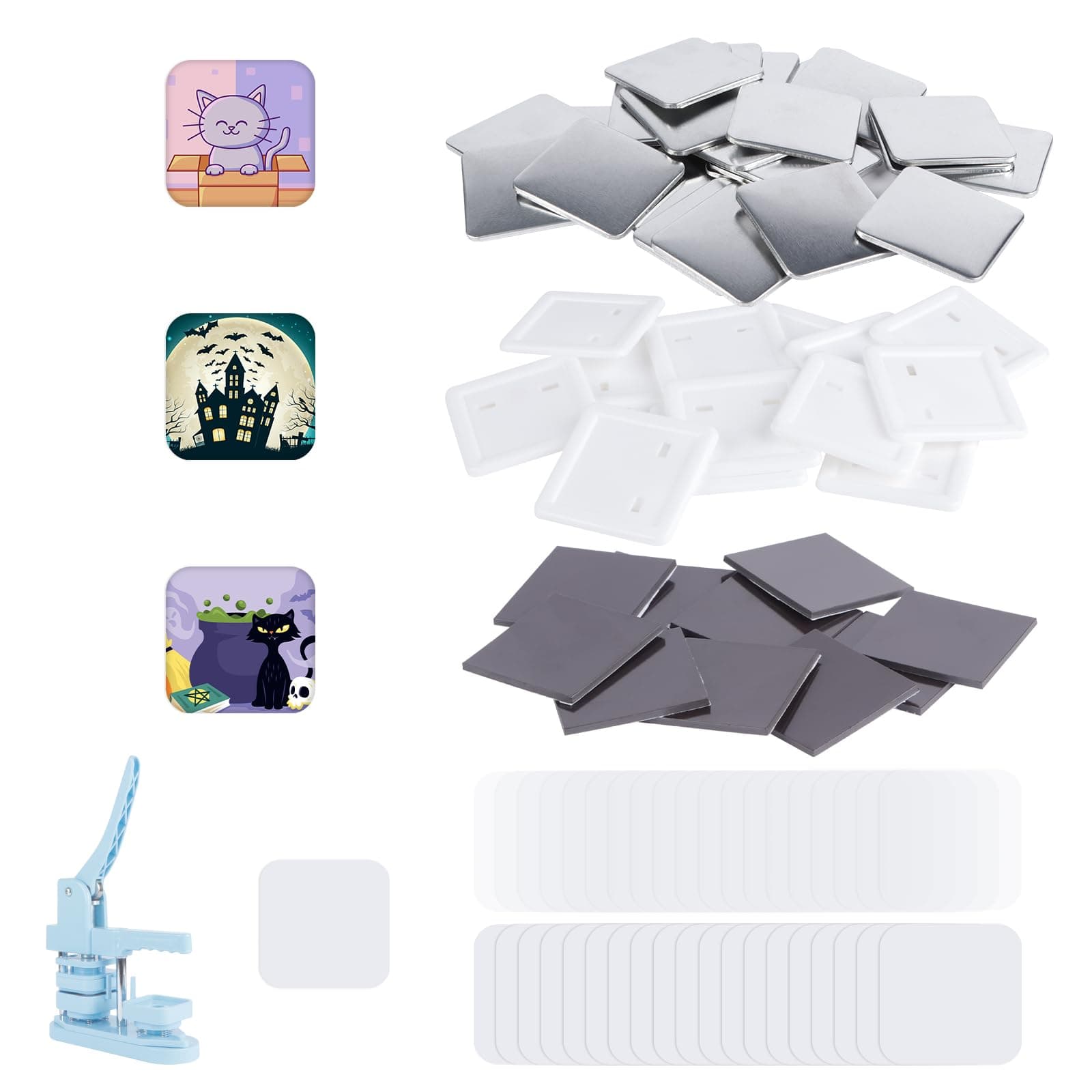 100 Sets Square Button Parts,Fridge Magnet Button Maker Supplies for Square-Shaped Badge Maker Machine 50mm,Including Metal Cover, Plastic Back Cover, Clear Film,