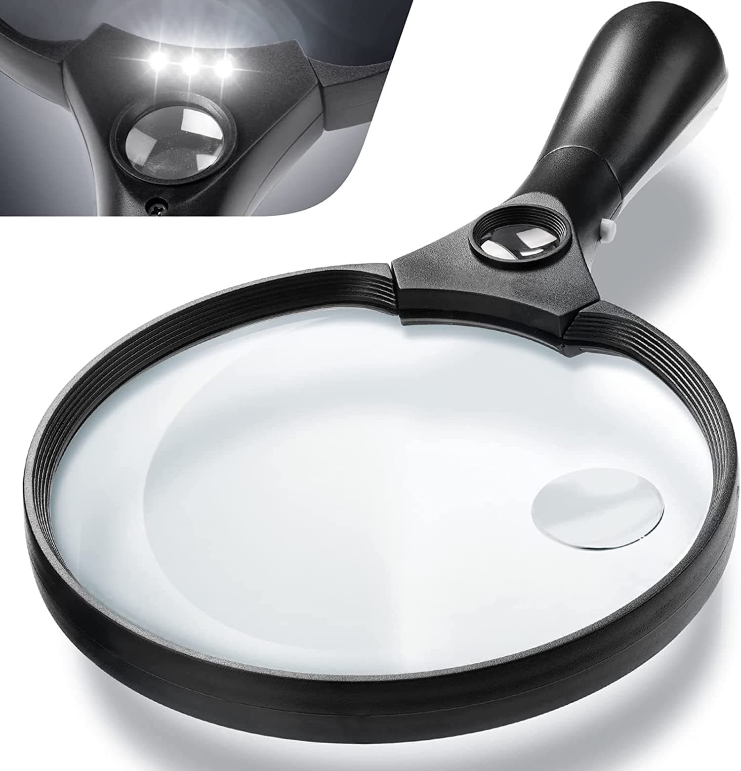 ELECDON Magnifying Glass with Light, Magnifier 5.5 Inch Extra Large Magnifier, 3 Bright LED Illuminated 2X Magnifying Glass Lens 4X 25X Zoom Lightweight Handheld Shatterproof Magnifiers for Reading