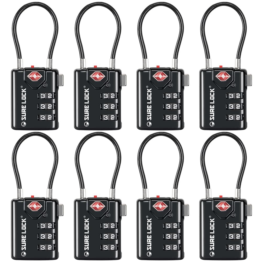 SURE LOCK TSA Compatible Travel Luggage Locks, Inspection Indicator, Easy Read Dials - 1, 2 & 4 Pack (Large, Black 8 Pack)