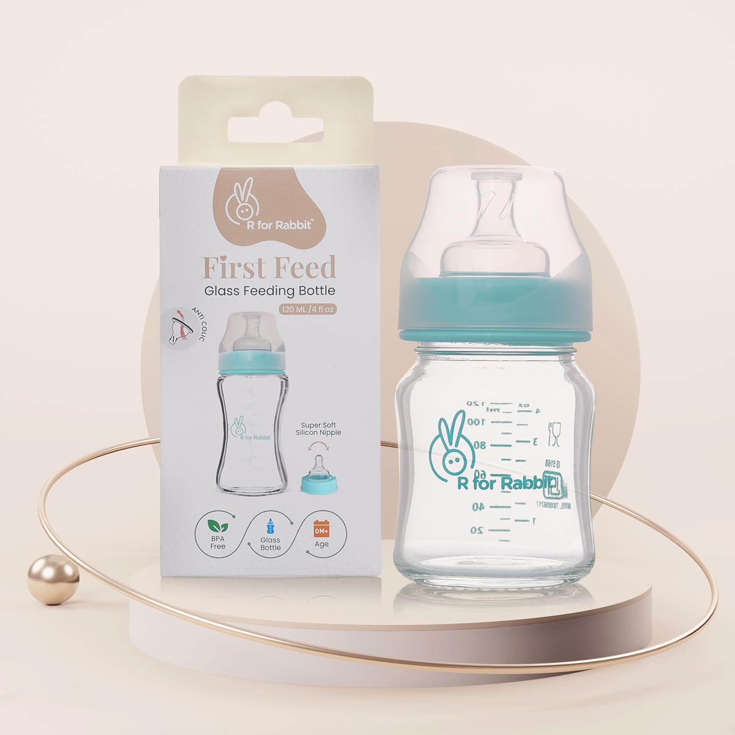 R for Rabbit First Feed Baby Glass Feeding Bottle 120ml with Anti-Colic Wide Neck, BPA Free Soft Silicone Nipple, Milk Feeder for New Born/Infants/Toddler Kids of 6+ Months (Sea Green)