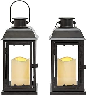 LampLust Outdoor Solar Powered Lantern with Flameless LED Pillar Candle, 11 Inch Tall, Set of 2, Waterproof, Black Metal, Hanging Decorative Candle Lamp for Porch, Floor or Patio Home Decor