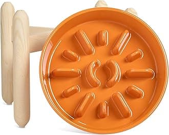 LE TAUCIElevated Dog Bowls Slow Feeder, 3 Cups Raised Dog Bowl with Wooden Stand for Medium Large Breed, Dog Dishes to Slow Down Eating, Puzzle Dog Food Bowl,Sun Orange