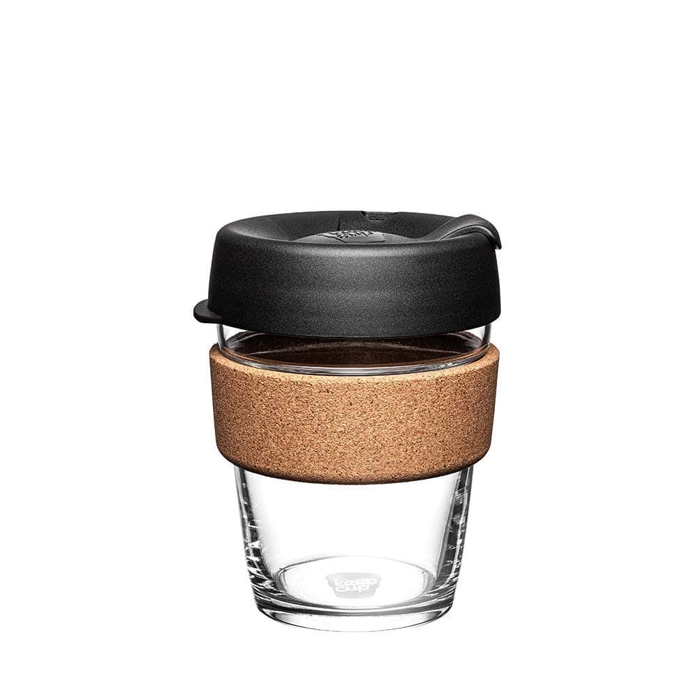 KeepCup Brew Cork, Reusable Glass Tumbler with Natural Cork, Tall Coffee Cup 12oz/340ml - Black