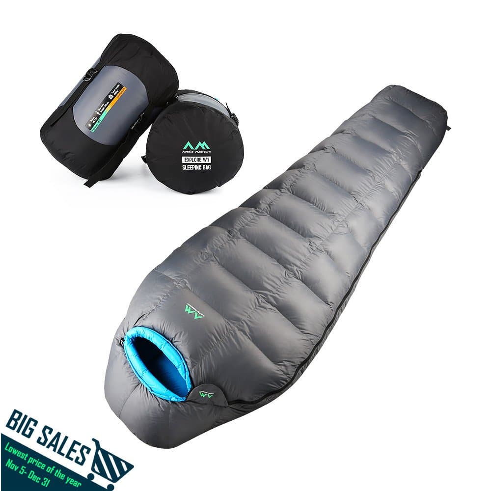 Arctic Monsoon Lightweight Sleeping Bag, Winter Extreme Cold Weather 5 Degree Down Mummy Bags, Ultralight Compression for Adults, Camping, Backpacking, Hiking