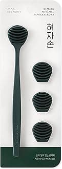 DEARCUS Tongue Scraper with 3 Replaceable Heads for Up to 9 Months - Soft BPA-Free TPE Tongue Cleaner, Designed to Reduce Gag Reflex, Helps Freshen Breath & Remove White Coating (Deep Green)