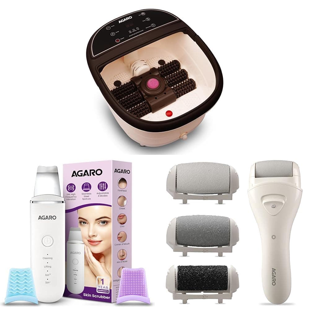 AGARO ROYAL AC Power Automatic Foot Spa Bath Massager, White (33619) & AGARO Ultrasonic Facial Skin Scrubber for Wet Skin, White & AGARO CR3001 Callus Remover