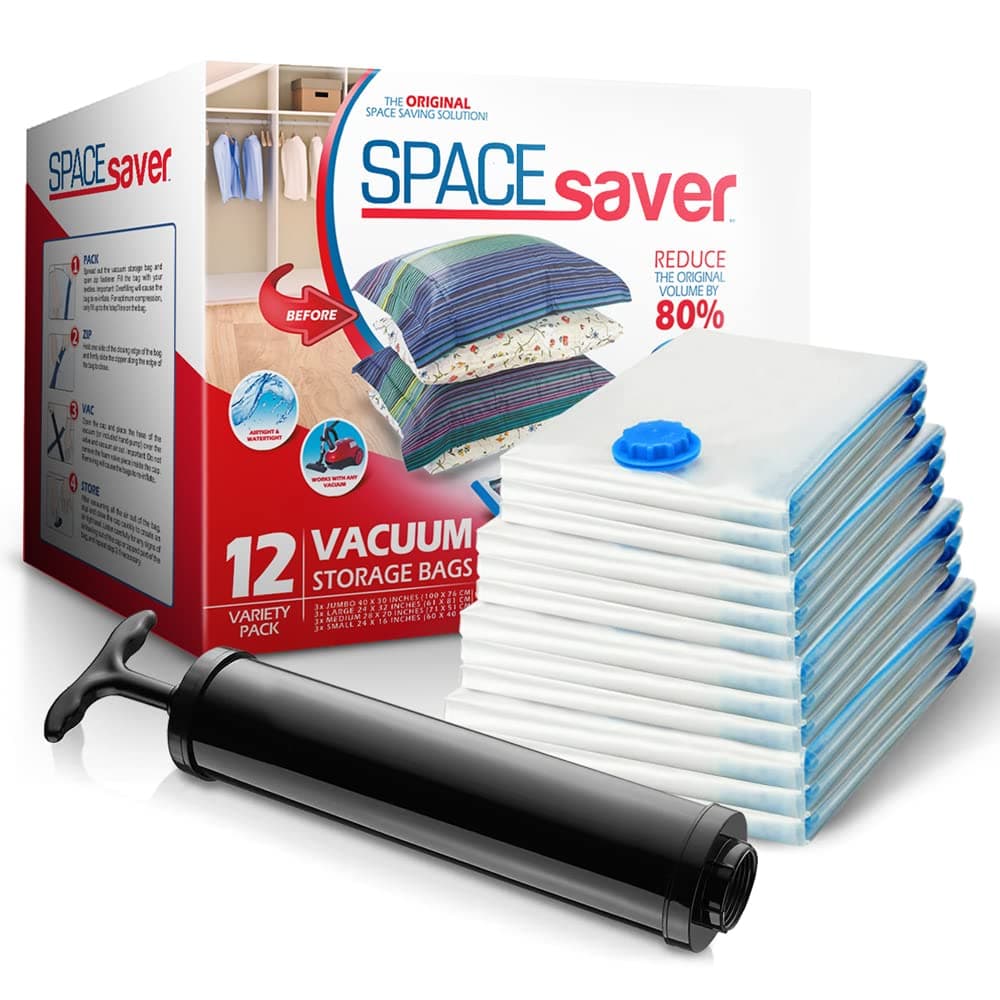 Premium Vacuum Storage Bags (3 x Small, 3 x Medium, 3 x Large, 3 x Jumbo) (80% More Storage Than Leading Brands) Free Hand Pump for Travel!