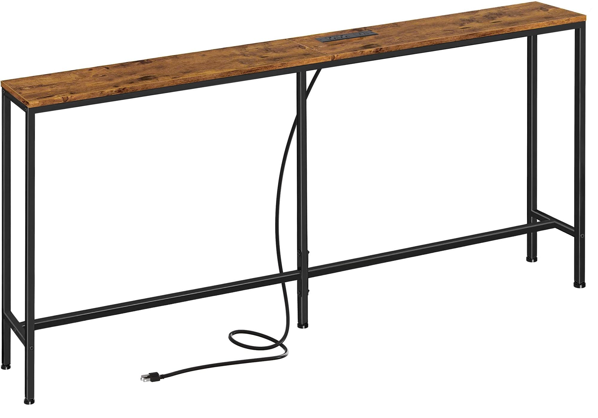 70 Inch Console Table with Outlet, Sofa Table with Charging Station, Narrow Entryway Table, Skinny Hallway Table, for Living Room, Rustic Brown
