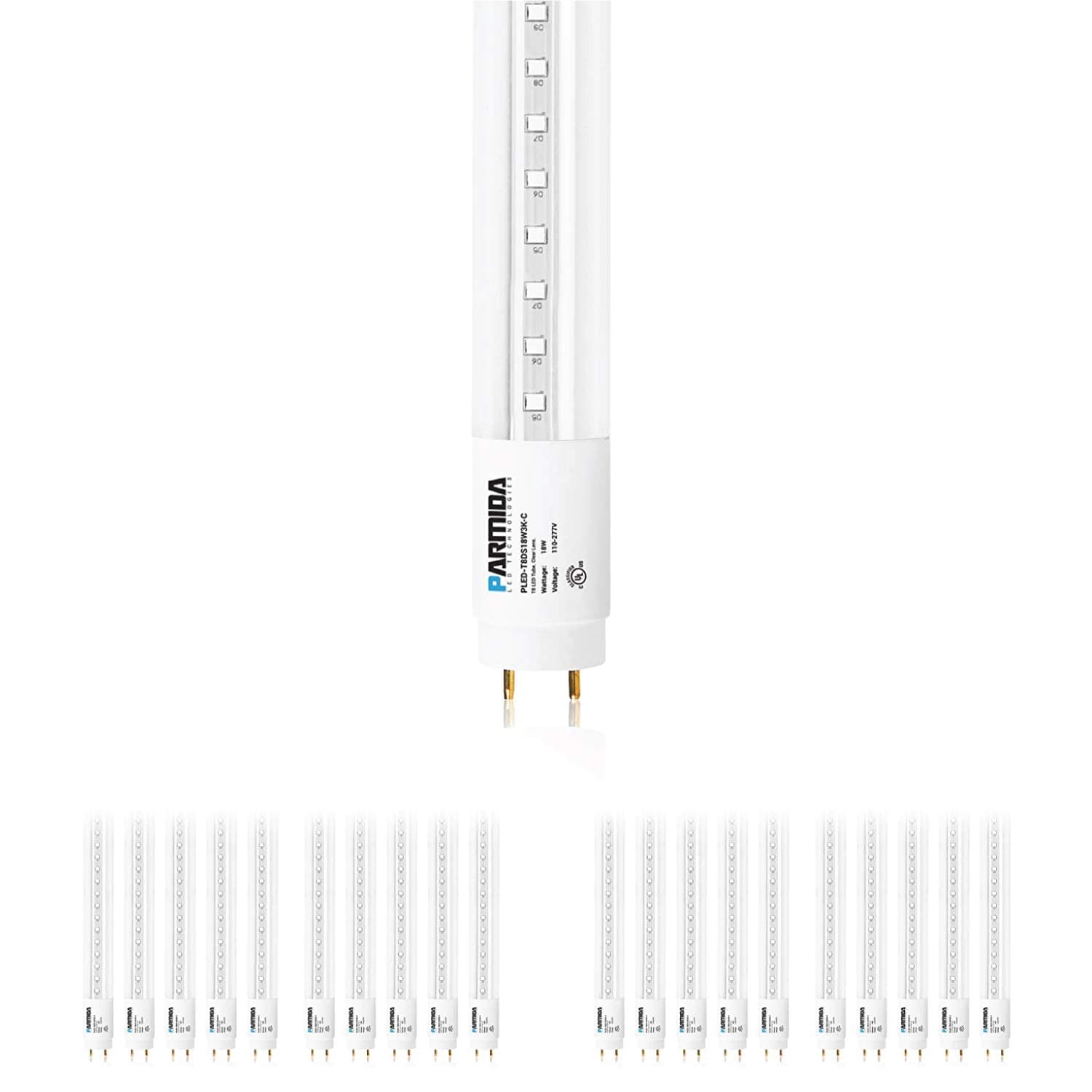 PARMIDA 20-Pack 4FT LED T8 Ballast Bypass Type B Light Tube, 18W, UL-Listed for Single-Ended & Dual-Ended Connection, 2200lm, Clear Lens, T8 T10 T12, UL, FCC - 3000K