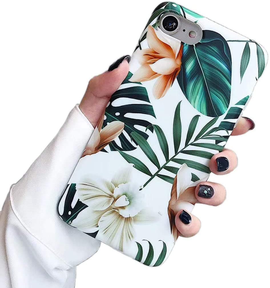 SUBESKING Compatible iPhone 6 Plus Case/iPhone 6s Plus Case,Cute Slim Fit Soft TPU White Floral and Green Leaves Pattern Protective Phone Cover Cases for Women Girls (White Flowers)