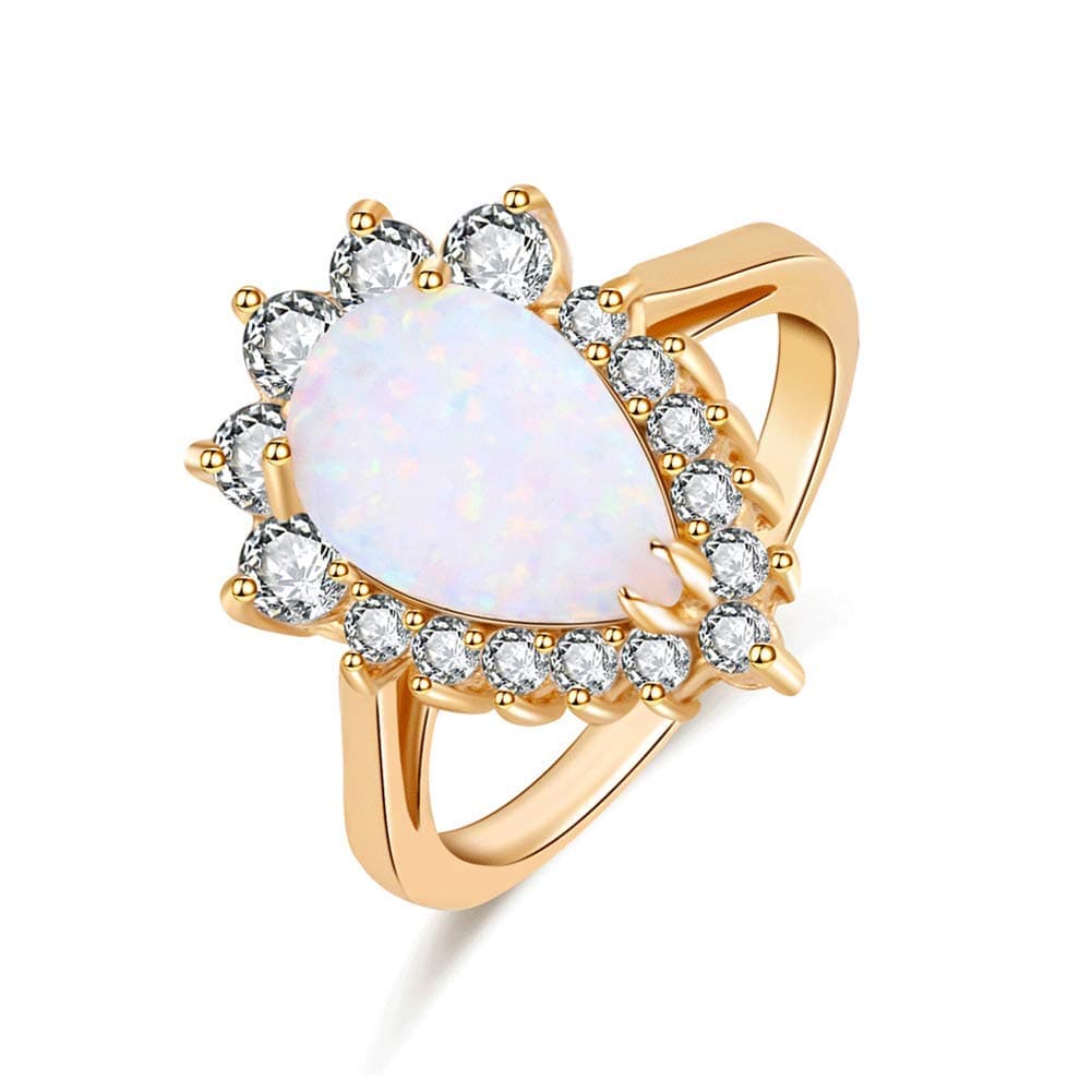 ZISNew Design White Fire Opal Water Drop 18K Gold Plated CZ Stone Engagement Jewelry Rings (7)