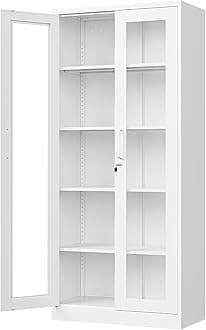 Display Cabinet with Glass Doors, 67''H Metal Display Case with Lock and 4 Adjustable Shelves, HD Tempered Glass Curio Storage Cabinet for Home, Office, Pantry, Assemble Required (White)