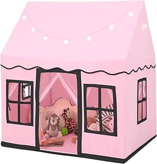 COSTWAY Kids Play Tent, Indoor Large Playhouse with Star Lights, Non-slip Mat and Windows, Castle Fairy Tents for Children Boys & Girls Gift (Pink+Black)