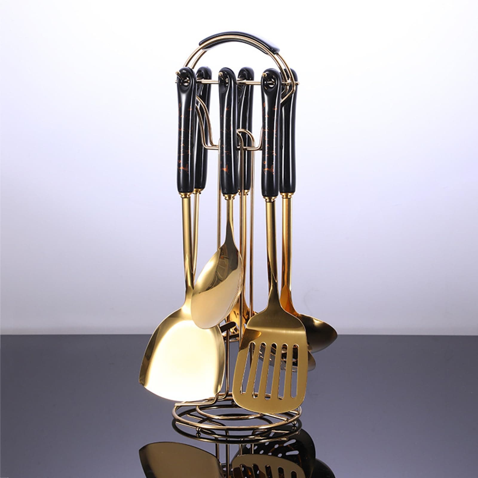 7 Pieces Gold Cooking Utensil Set with Hanging Shelf Kitchenware Cookware Set Stainless Steel 304 Nonstick Heat Resistant Ceramic Handle BPA Free Dishwasher Safe,Black
