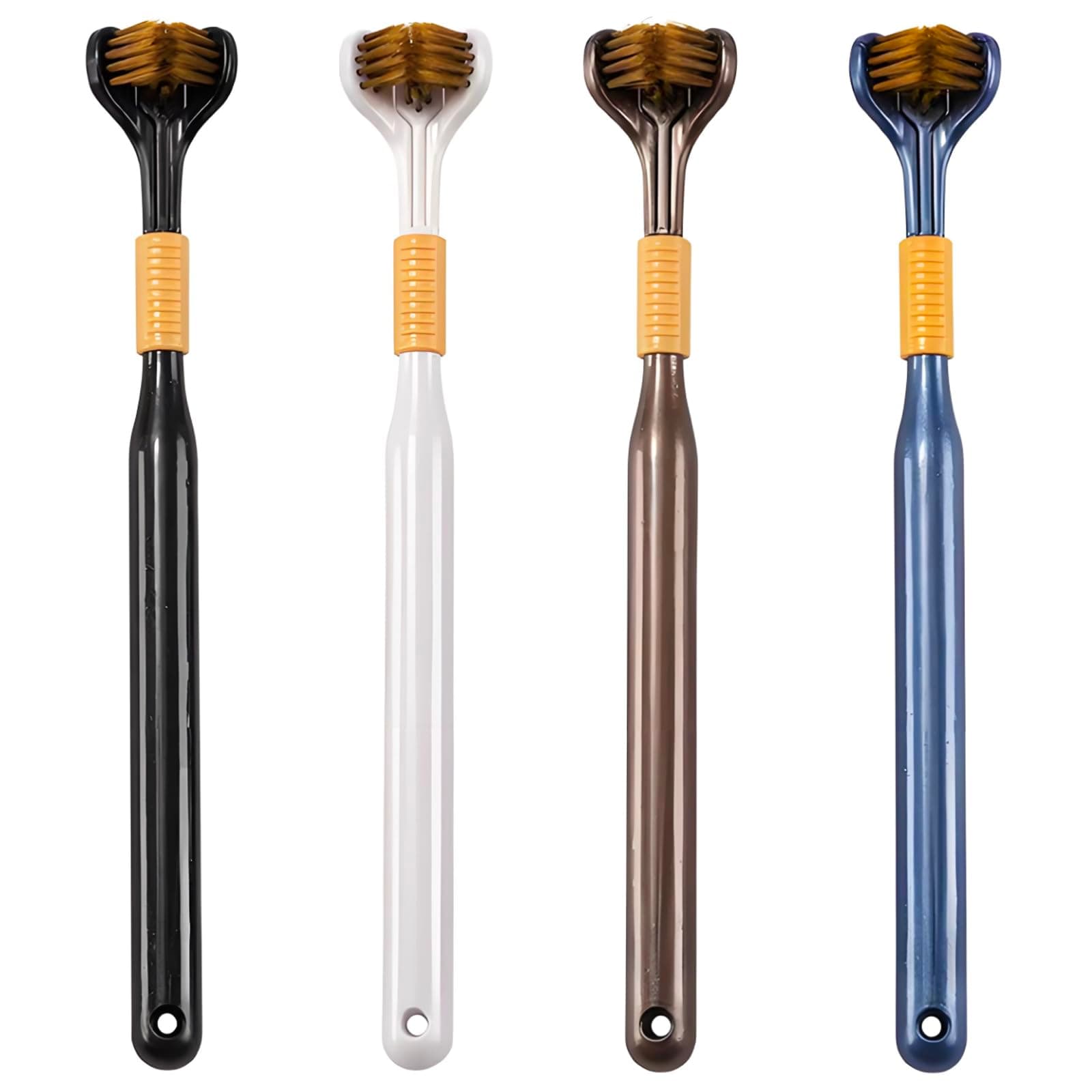 4-Piece Set of 3-Sided Medium toothbrushes for Adults, Soft Bristle Toothbrush for Comprehensive Care of Teeth and Gums, Suitable for Adult and Youth (Black, White, Brown, Blue, Adults)