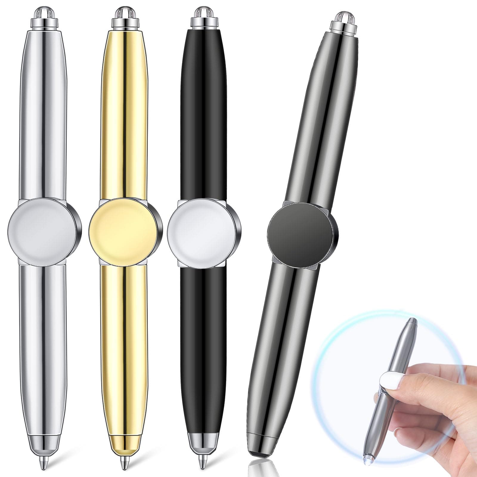 Sabary 4 Pcs Fidget Pen Spinner Pen with LED Light Multi Functional Cool Anxiety Gift Help Stress Reducer Thinking Ballpoint Rotating Anti Stress Anxiety Gift for Business(Black, Gray, Gold, Silver)